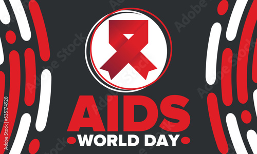 World Aids Day. Red ribbon symbol. Awareness and prevention hiv. Medical healthcare concept. Human support and protection. Celebrated annual in December 1. Poster, banner and background. Vector