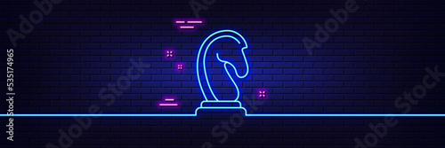 Neon light glow effect. Chess Knight line icon. Marketing strategy symbol. Business targeting sign. 3d line neon glow icon. Brick wall banner. Marketing strategy outline. Vector