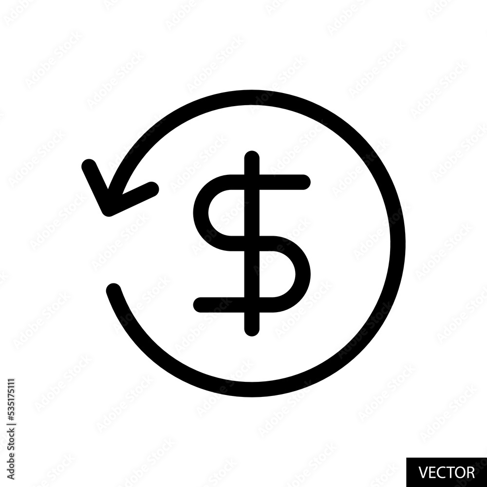Refund, Moneyback, Money back, Cashback, Cash back vector icon in line style design for website design, app, UI, isolated on white background. Editable stroke. Vector illustration.