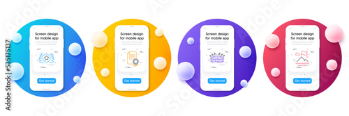 Minimal set of Arena stadium, Certificate and Laureate line icons for web development. Phone ui interface mockup with balls. Mountain flag icons. Sport complex, Diploma, Award shield. Vector