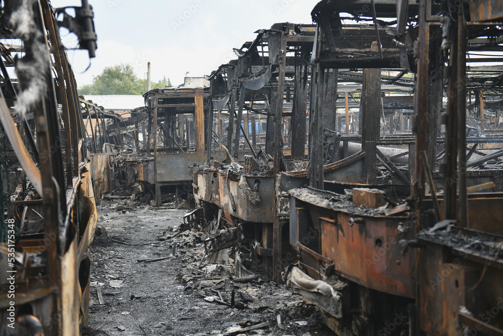 Burnt buses after a missile attack on the city of Dnipro, Ukraine.