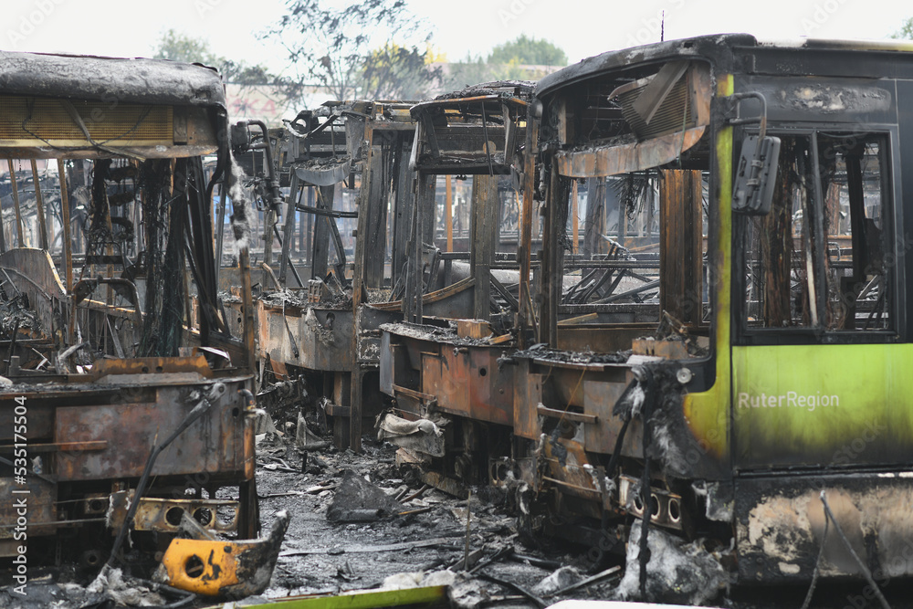 Burnt buses after a missile attack on the city of Dnipro, Ukraine.