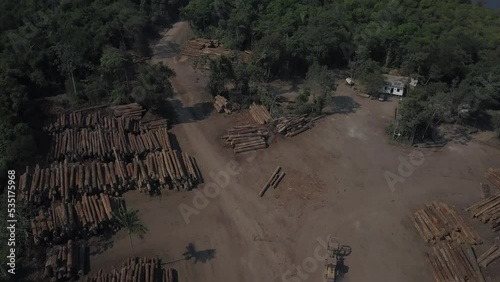 Huge logging operation in the Brazilian Amazon rainforest - aerial flyover photo