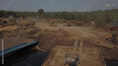 Deforestation by large logging operations in Brazil's Amazon rainforest - aerial flyover of a dock on the Tocantins River photo