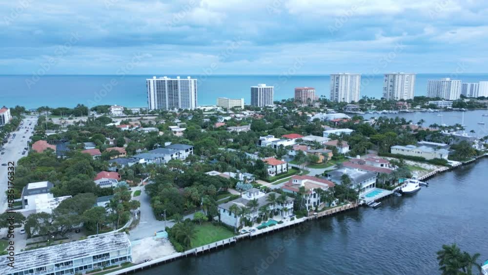 Boca Raton, Florida USA. Drone Aerial View of Lakefront and Oceanfront Buildings on Cloudy Day Boca Raton, Florida USA. Drone Aerial View of Lakefront and Oceanfront Buildings on Cloudy Day
