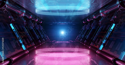 Blue and pink spaceship interior with glowing neon lights podium on the floor. Futuristic corridor in space station with circles background. 3d rendering