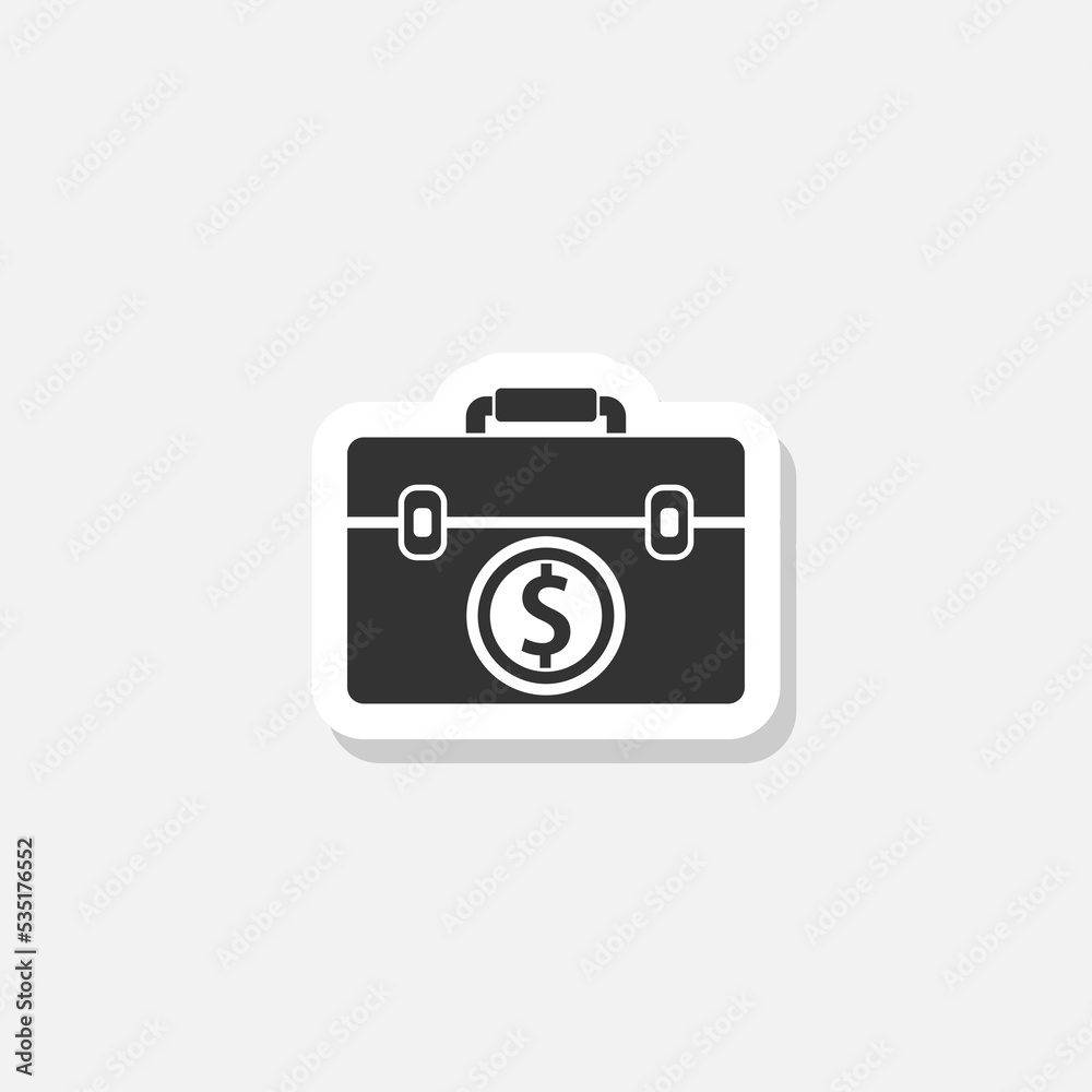 Briefcase and money sticker icon isolated on white background
