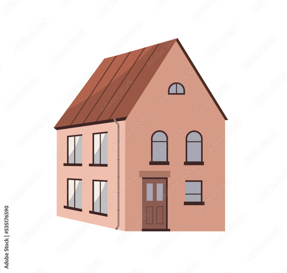Residential house exterior. Outside of town home, two-storey building with gable roof, door and windows. Dwelling, real estate architecture. Flat vector illustration isolated on white background
