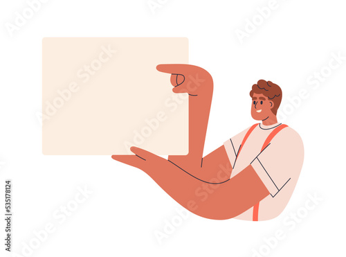 Blank sheet of paper in hands for presenting, advertising. Young happy man holding, showing, pointing at empty banner background, promotion card mock up. Flat vector illustration isolated on white