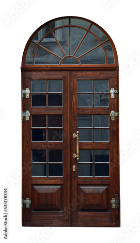 Beautiful old-fashioned wooden door and transom window isolated on white