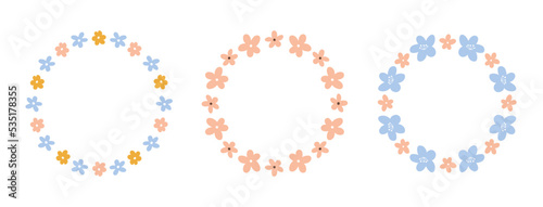 Set of cute floral wreaths with tiny flowers isolated on white background. Vector hand-drawn flat illustration. Perfect for cards, invitations, decorations, logo, various designs.