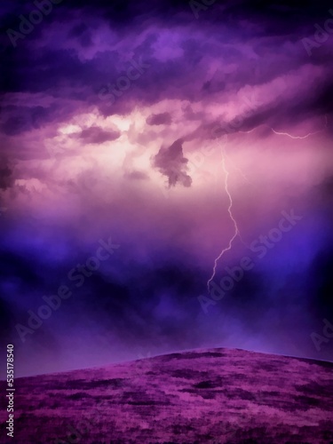 Purple unreal scenic apocalyptic background lightning strike the ground 