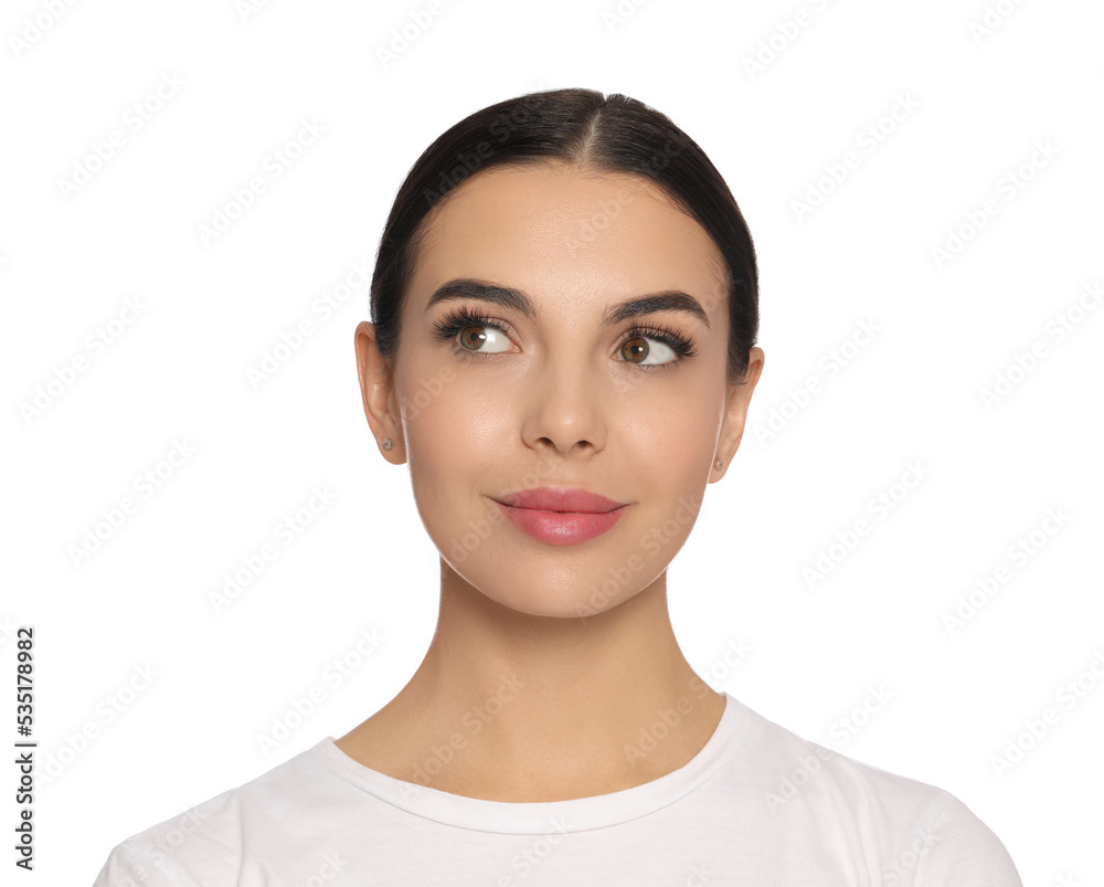 Beautiful young woman with long eyelashes on white background Beautiful young woman with long eyelashes on white background