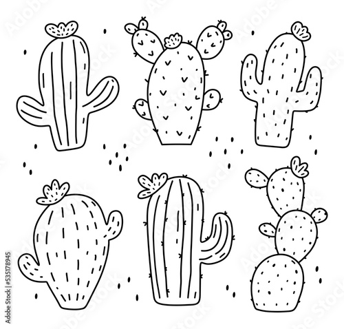 Set of cute cacti isolated on white background. Vector hand-drawn illustration in doodle style. Perfect for cards, logo, decorations, various designs. Botanical clipart.
