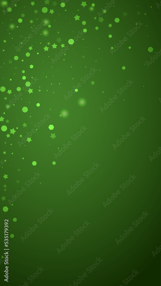 Beautiful snowfall christmas background. Subtle flying snow flakes and stars on christmas green background. Beautiful snowfall overlay template. Vertical vector illustration.