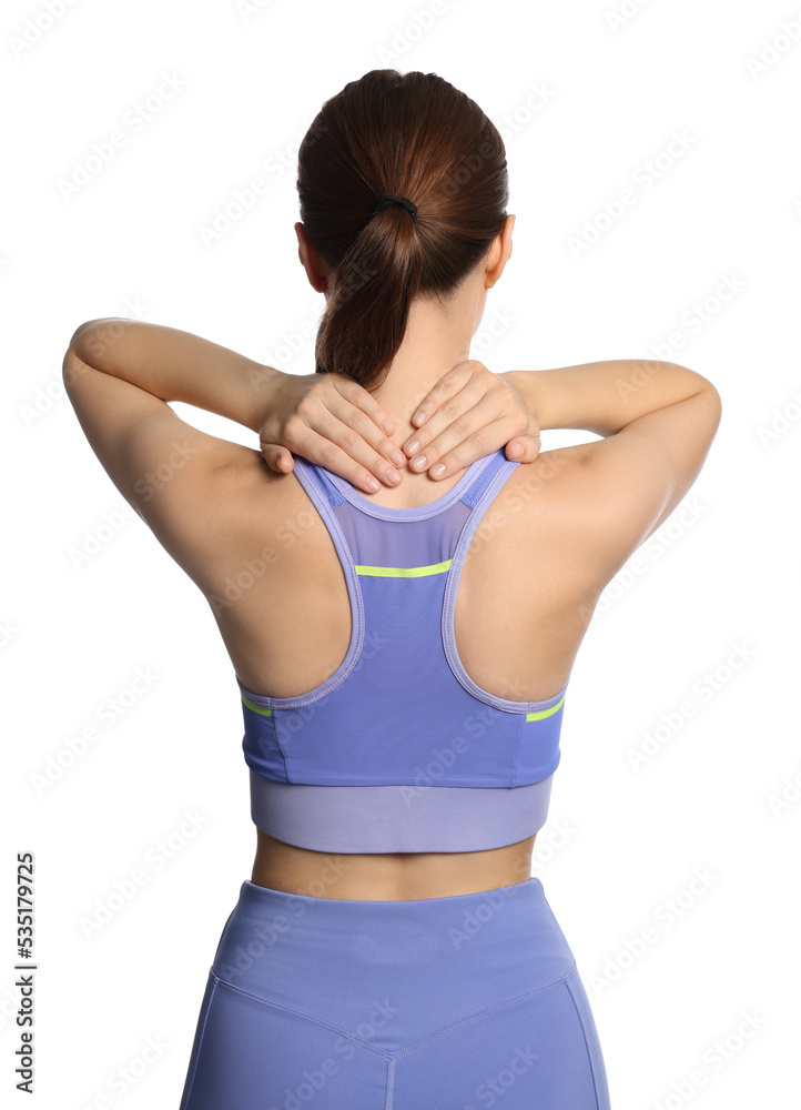 Young woman suffering from neck pain on white background, back view Young woman suffering from neck pain on white background, back view
