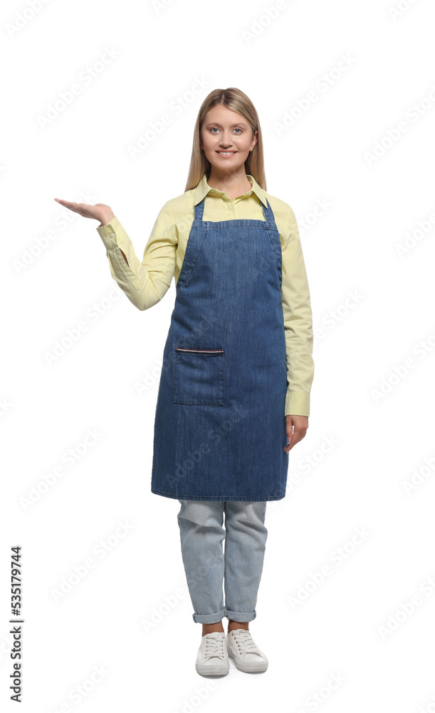 Beautiful young woman in denim apron on white background Beautiful young woman in denim apron on white background