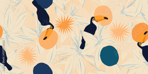 Hand drawn modern bohemian abstract floral pattern with toucan birds. Collage contemporary print. Fashionable template for design. 