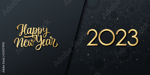 2023 New Year luxury holiday banner with golden handwriting Happy New Year. Black and gold. Vector illustration.