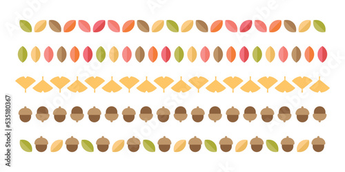 Illustration pattern border line set of colorful autumn concept fallen leaves, ginkgo leaves and acorn icon combinations.