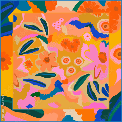 Modern exotic floral scarf design. Abstract fashionable vector template for your design. Hand drawn print.
