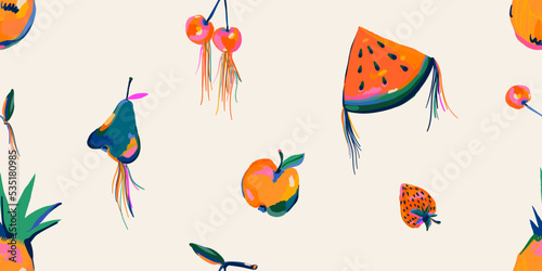 Hand drawn artistic embroidery fruits pattern. Collage playful contemporary print. Fashionable template for design.