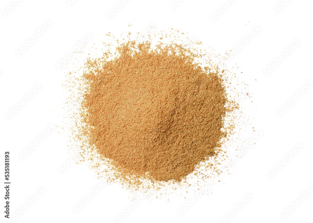 Pile of brown ginger herbal powder isolated on white background. Top view, flat lay. Pile of brown ginger herbal powder isolated on white background. Top view, flat lay.