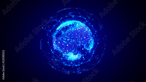 Abstract planet Earth with particles and a connected shell with lines. Global network connection. Science and technology. 3D rendering.