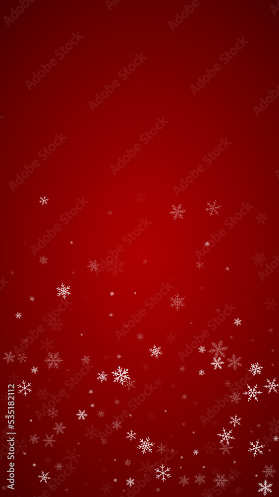 Magic falling snow christmas background. Subtle flying snow flakes and stars on christmas red background. Magic falling snow holiday scenery.   Vertical vector illustration.