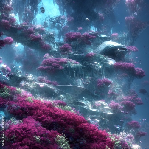 Underwater scene. Beautiful coral reefs in a tropical ocean. Soft light pouring from above. Fantasy 3D illustration. 3D render. © Valeriy