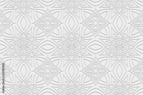 Embossed white background, ethnic unique cover design. Geometric 3D pattern, press paper, boho style. Tribal handmade ornamental themes of East, Asia, India, Mexico, Aztecs, Peru.