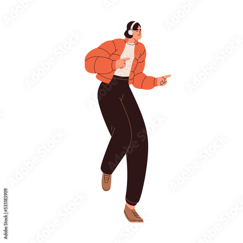 Happy person in wireless headphones dancing to music outdoors. Smiling enjoying excited young woman listening to song, moving to audio. Flat vector illustration isolated on white background