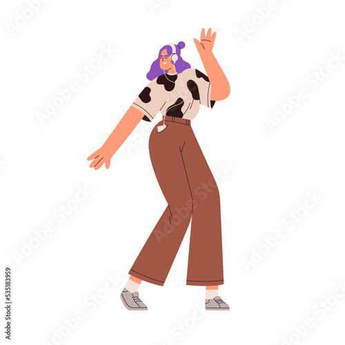 Happy young girl dancing, listening to energy music in headphones with phone, mp3 player in pocket. Smiling woman moving to song. Flat graphic vector illustration isolated on white background