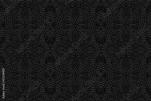 Embossed black background, ethnic vintage cover design. Geometric 3D pattern, press paper, boho style. Tribal handmade ornamental themes of East, Asia, India, Mexico, Aztecs, Peru.
