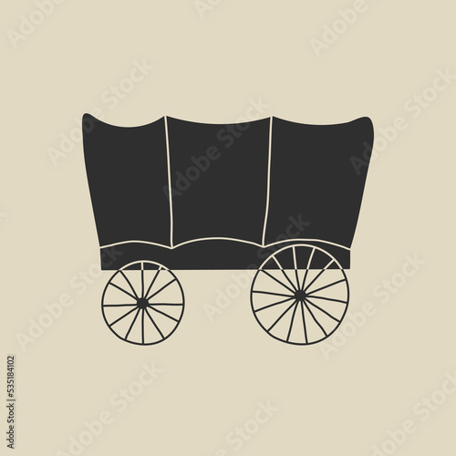 Wild west element in flat, line style. Hand drawn vector illustration of old western wagon, retro carriage cartoon design. Cowboy transport vintage patch, badge, emblem, logo.