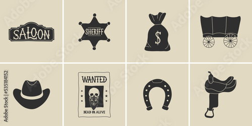 Wild west elements in modern flat, line style. Hand drawn vector illustration: cowboy saddle, hat, saloon sign, sheriff star, wagon, wanted poster, money bag, horseshoe. Cowboy patch, badge, emblem.