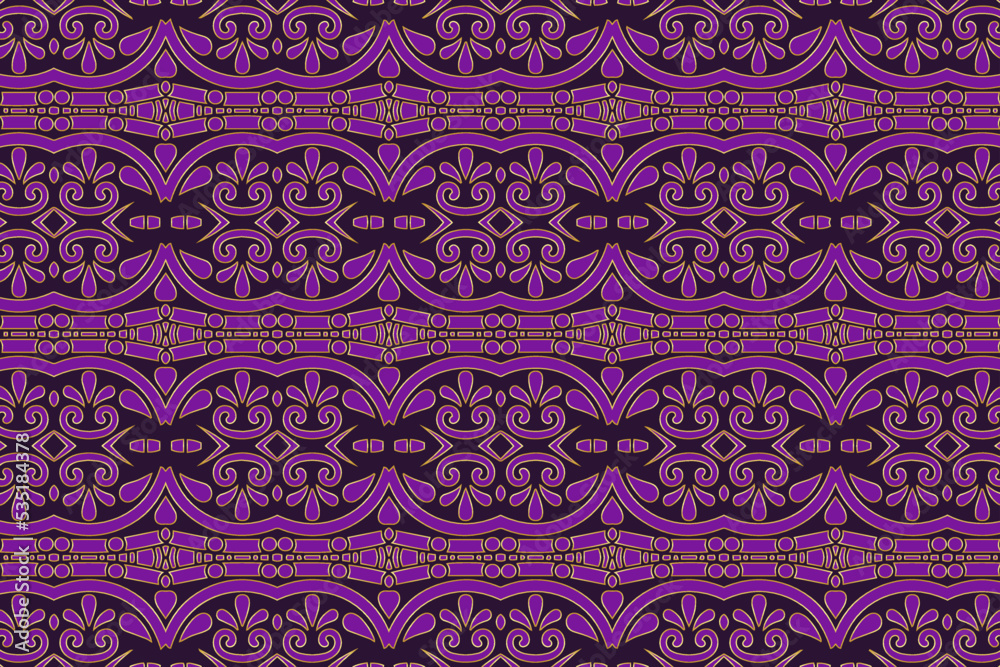 Lilac background, vintage unique cover design. Geometric ethnic pattern with gold outline, boho style. Tribal handmade ornamental themes of East, Asia, India, Mexico, Aztecs, Peru.
