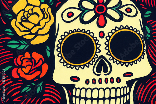 Calavera, Mexican sugar skull makeup and flowers for dia de los Muertos (Day of the Dead).