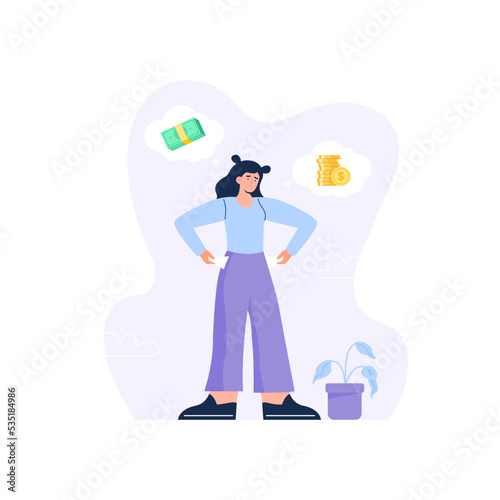 Personal finance management concept. Poverty and financial illiteracy. A woman with empty pockets and dreams about a higher income. Vector flat illustration isolated on the white background.