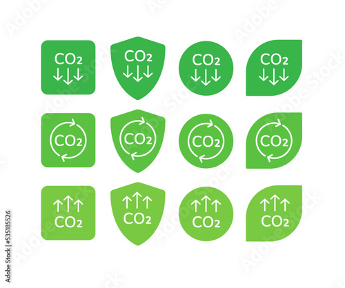 CO2 emission reduction neutral banner icon set bundle. Zero carbon footprint, greenhouse effect, stop global warming green eco labels isolated on white background collection. Flat vector icon pack.