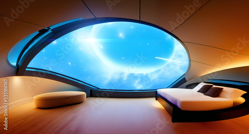 futuristic bedroom in a spaceship, outer space view, luxurious room with round shapes and soft light