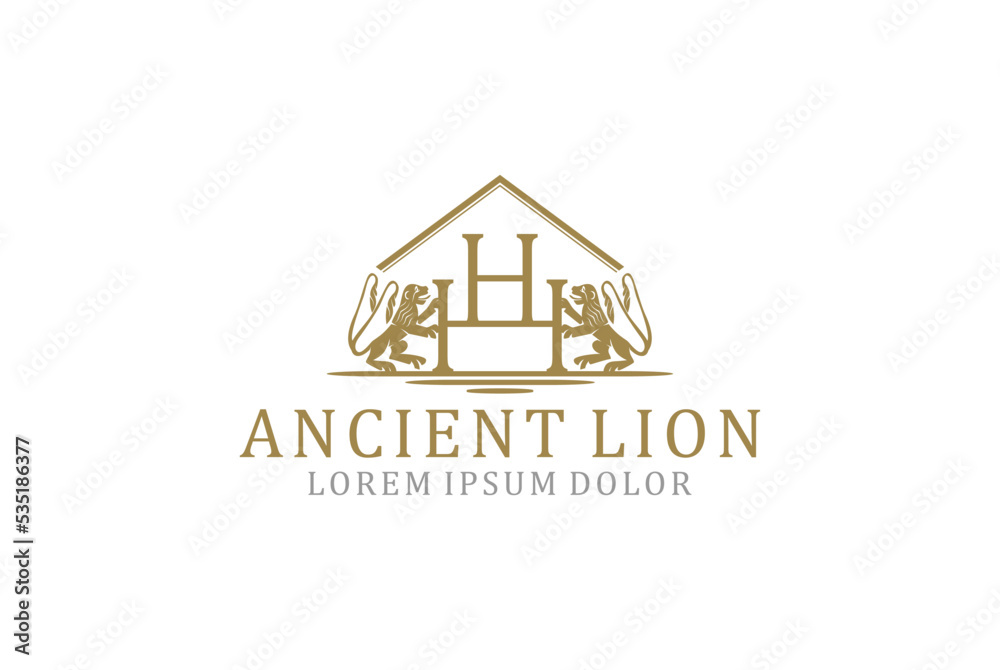 Ancient lion royal logo design roof house icon symbol