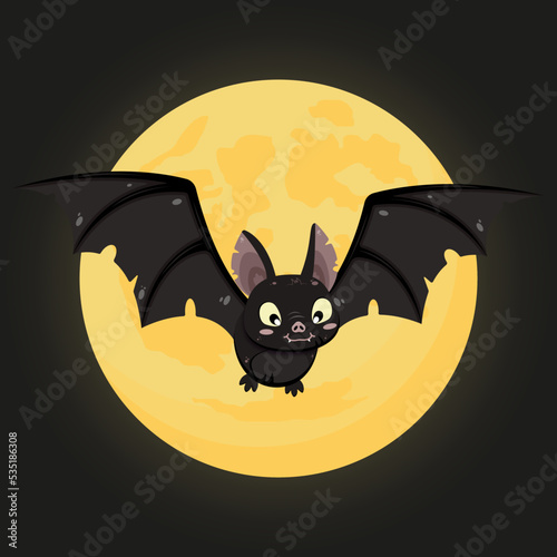 A vampire bat flies in the light of the moon on a black background. Vector illustration