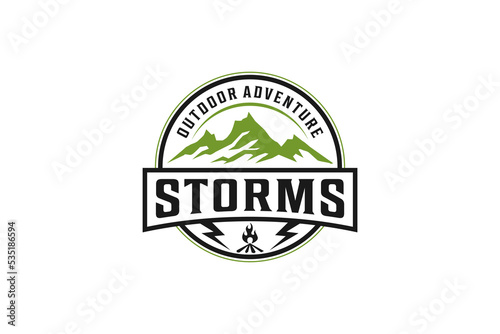 Mountain outdoor logo thunder strom bonfire camp illustration adventure emblem badge