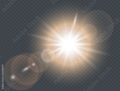 Abstract front sun lens flare translucent special light effect. Vector blur glow glare. Isolated transparent background. Decor element design. Star burst rays and spotlight. Summertime