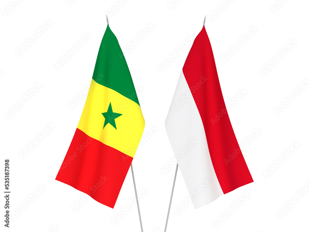National fabric flags of Republic of Senegal and Indonesia isolated on white background. 3d rendering illustration. National fabric flags of Republic of Senegal and Indonesia isolated on white background. 3d rendering illustration.