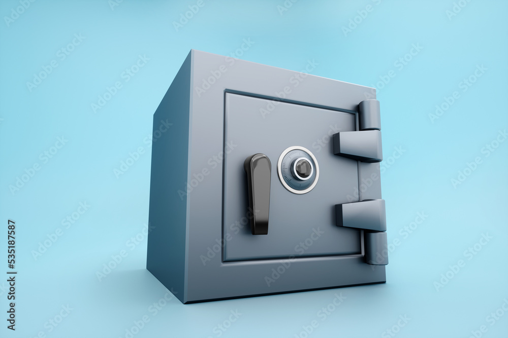 Closed steel safe isolated on a blue background. Savings protection concept, bank deposit, saving money. 3D illustration, 3D render. Closed steel safe isolated on a blue background. Savings protection concept, bank deposit, saving money. 3D illustration, 3D render.