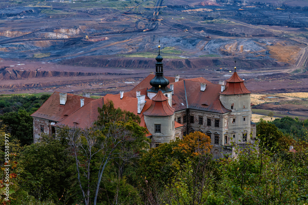 State Chateau Jezeří near Most with brown coal mines in the background - Czech Republic, Europe