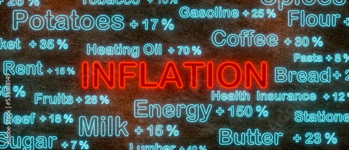 Foto Inflation, the word surrounded by products and their sharply increased prices like milk, energy, butter and bread