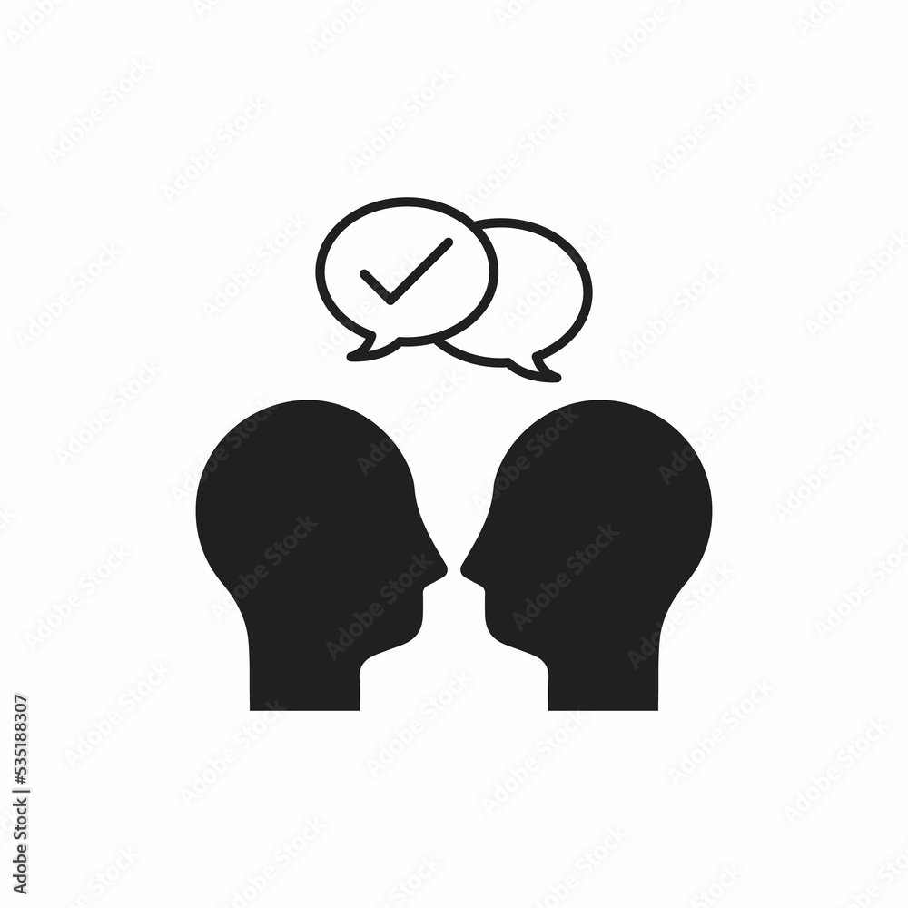 Communication and understanding each other thin line icon: two silhouettes of heads with speech bubbles with check mark. Social interaction. Communication and understanding each other thin line icon: two silhouettes of heads with speech bubbles with check mark. Social interaction.